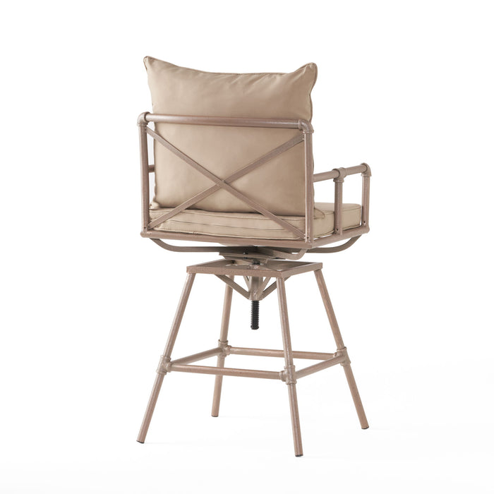 Industrial Outdoor Patio Plumber's Iron Frame Swivel Barstool With Cushions, Height Adjustable