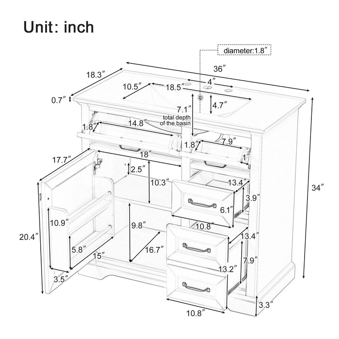36" Bathroom Vanity With Sink, 2 Tip-Out Drawers, Soft Close Hinges
