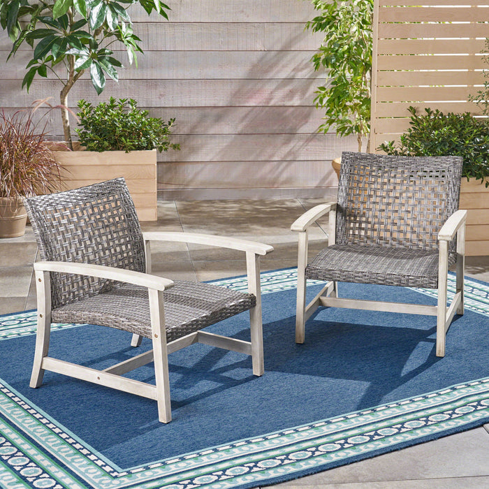 Outdoor Club Chair With Rattan Cover And Acacia Wood Frame - Gray