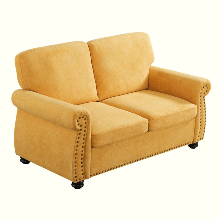 Soft Loveseat, Upholstered 2 Seater Couch, Loose Back Cushions And Turned Legs