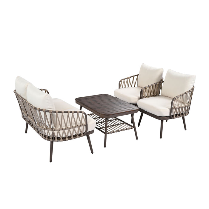 4 Piece Outdoor Patio Furniture Set, Metal Chairs With Woven Rope U Shaped Backrest