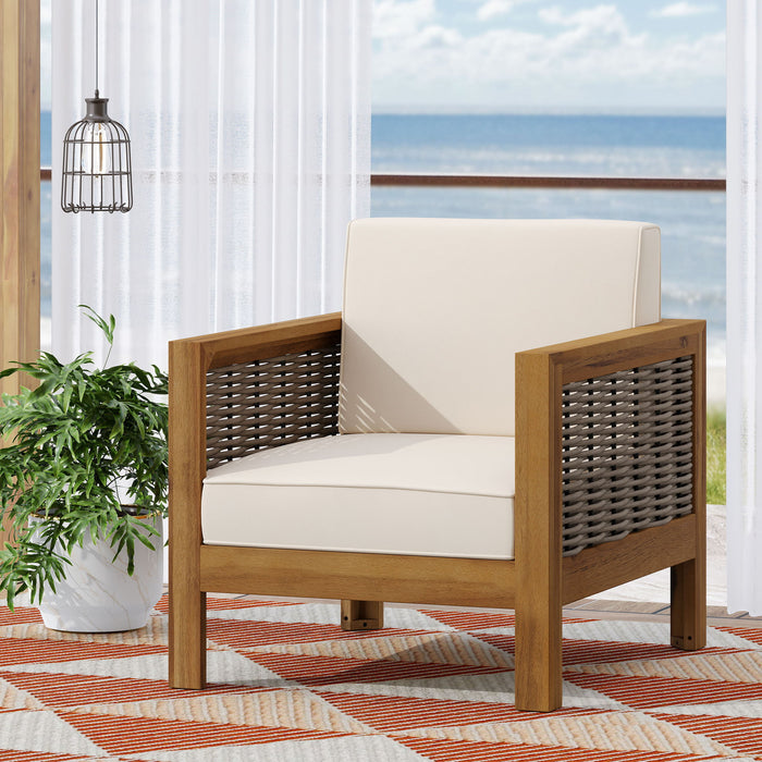 Outdoor Acacia Wood Club Chair With Wicker Accents
