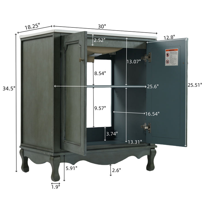 Vintage Bathroom Vanity With Ceramic Sink, Adjustable Shelves