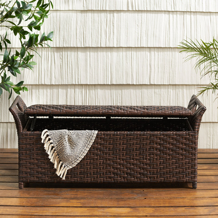 Outdoor Rattan Bench With Flair Arm And Storage - Brown