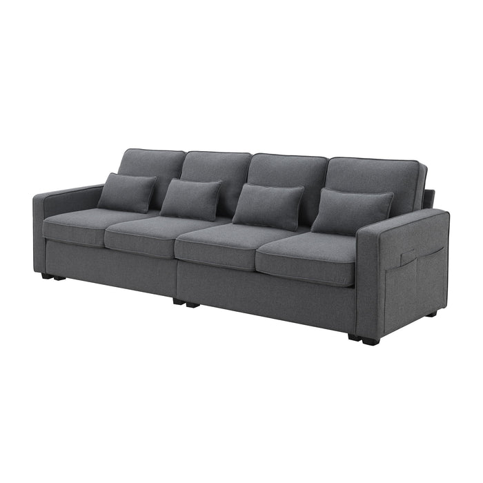 4 Seater Modern Linen Sofa With Armrest Pockets And 4 Pillows, Minimalist Style Couch For Living Room