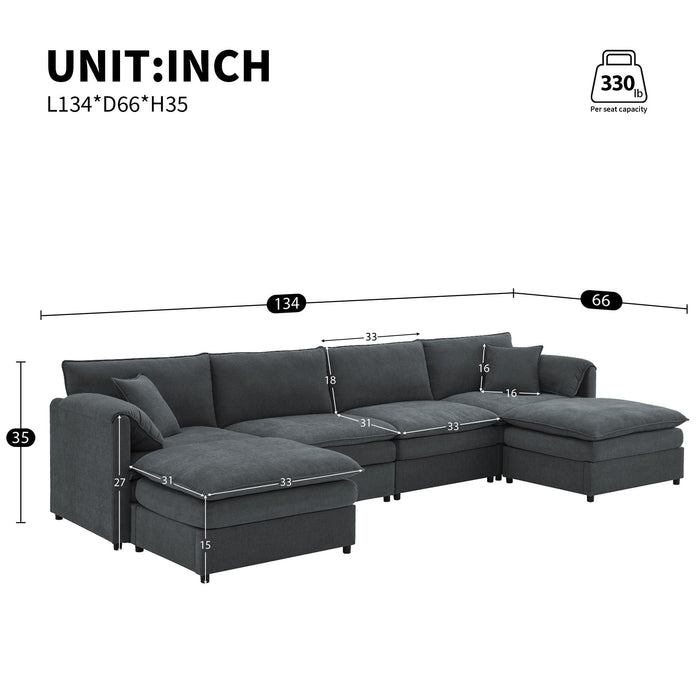 Chenille Modular Sectional Sofa, U Shaped Cloud Couch Set With Double Cushions, 6 Seat Sleeper Sofa Bed With Ottomans, Oversized Indoor Furniture For Living Room