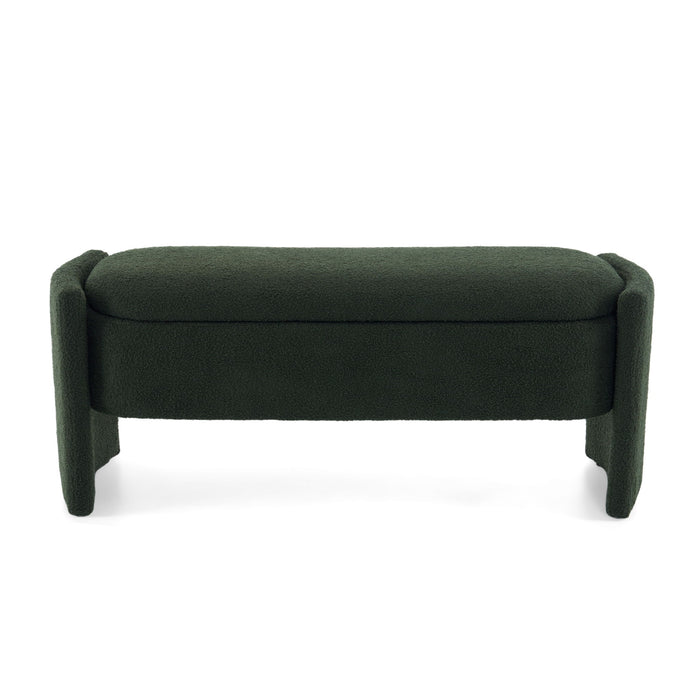 Elegant Long Shaped Storage Ottoman Bench, Boucle Material, Simple And Grand Design - Dark Green
