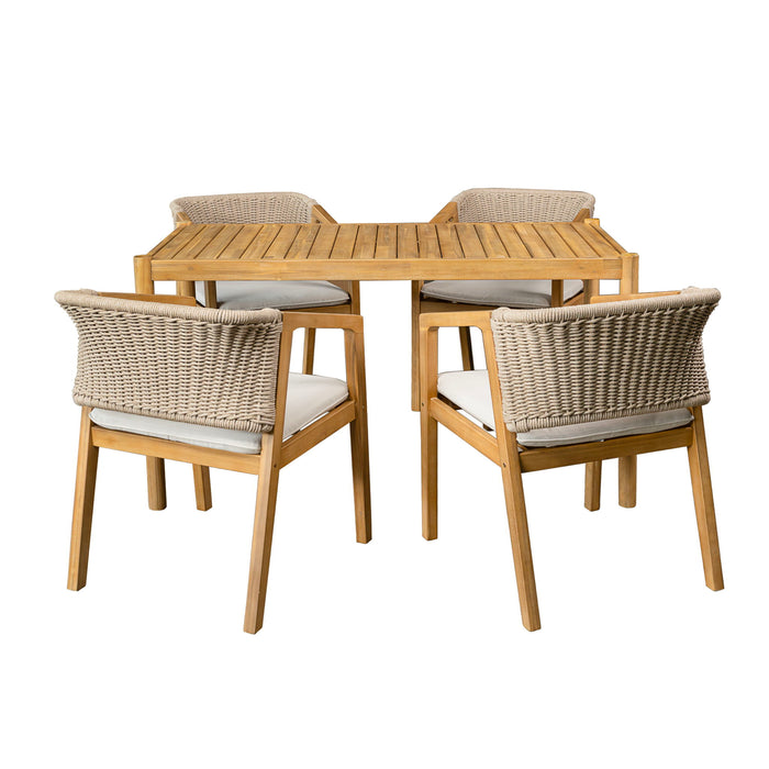 Outdoor Dining Set 1 Table 4 Chairs (Set of 5) - Teak / Beige