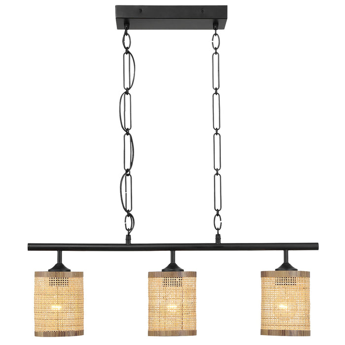 Elysian - 3 Lights Island With Natural Shade Farmhouse Chain Ceiling Lamp - Black / Rattan