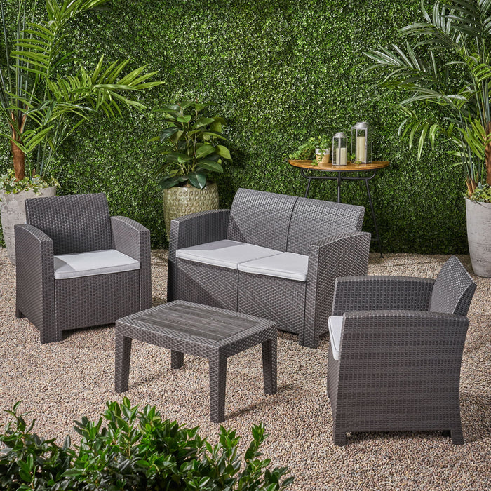 Zephyra - Outdoor 4 Piece Faux Wicker Rattan Chat Set With Water Resistant Cushions - Gray