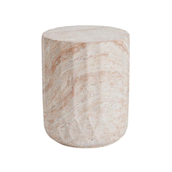 Outdoor / Indoor Lightweight Concrete Side Table, Cylinder Travertine Finish Accent Table - Beige