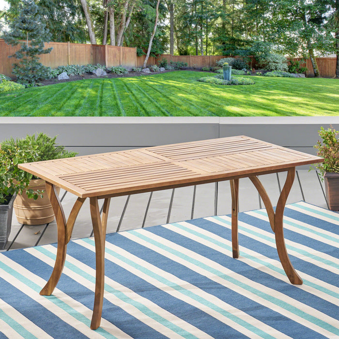 Outdoor Rectangular Table With Curved Legs And Perpendicular Wooden Slats Table Top