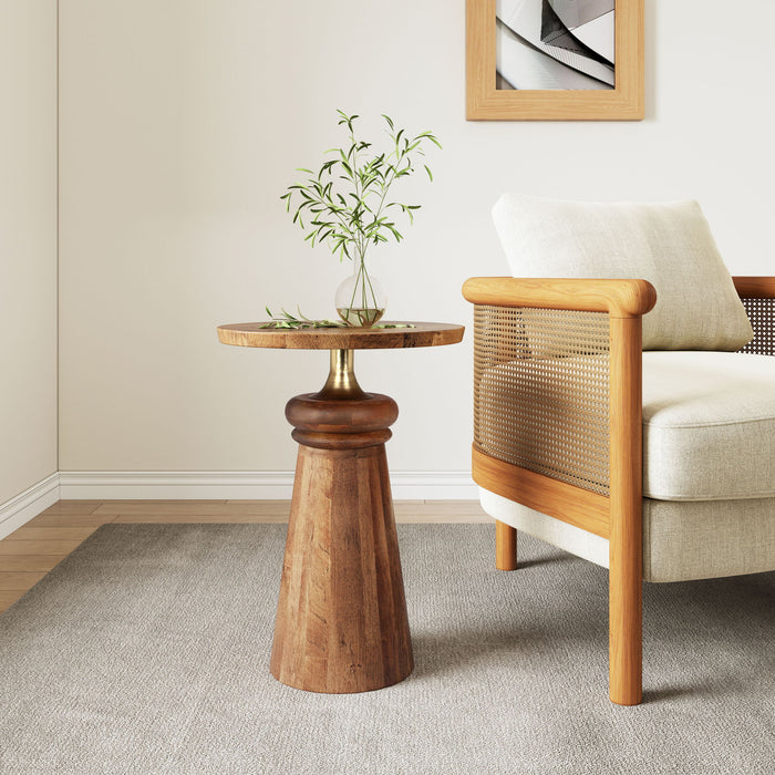 Modern Round End Table With Pedestal Base - Gold / Natural