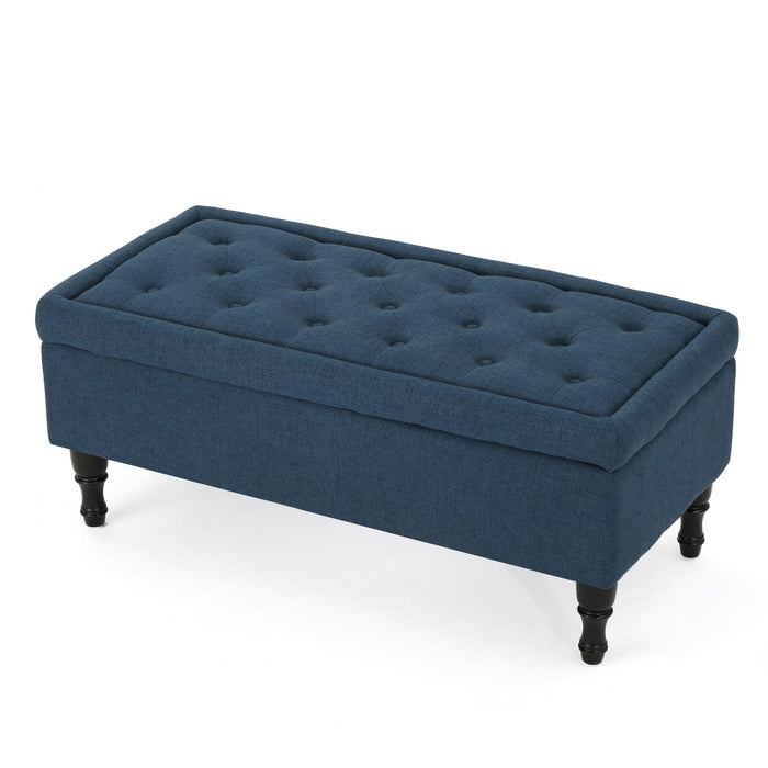 Hyatt - Suede Storage Ottoman With Tufted Top And Dark Wooden Legs - Navy Blue