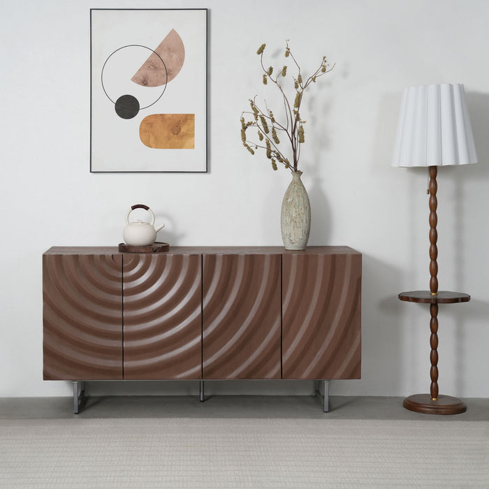Modern Sculptural Sideboard, Ripple Doors, Adjustable Shelves, Metal Legs - Brown / Silver