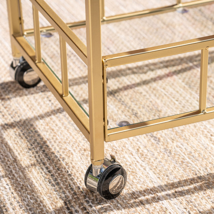 Modern Metal And Glass Bar Cart With Rolling Casters - Gold