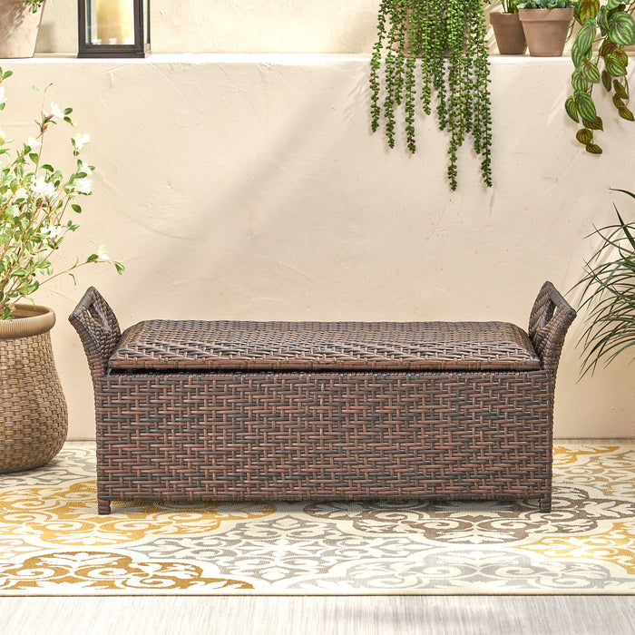 Outdoor Rattan Bench With Flair Arm And Storage - Brown