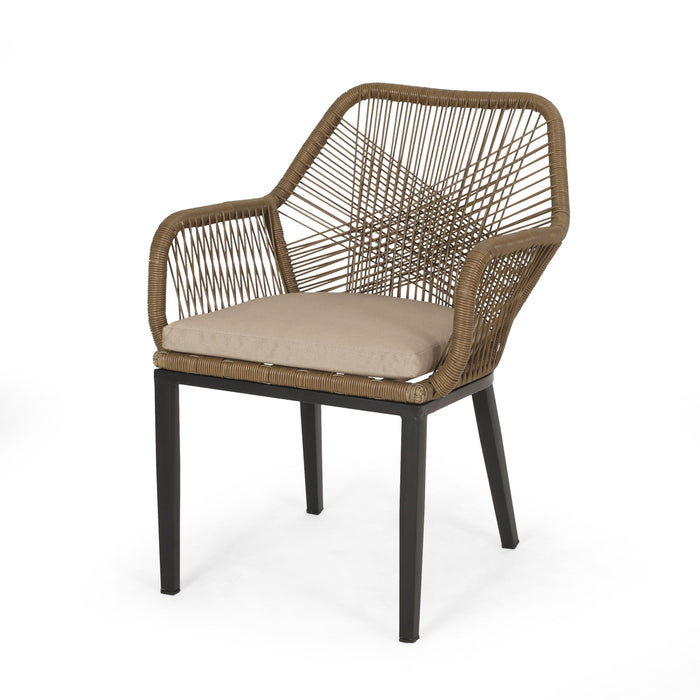 Modern Wicker Dining Club Chair With Water Resistant Cushions - Brown / Beige