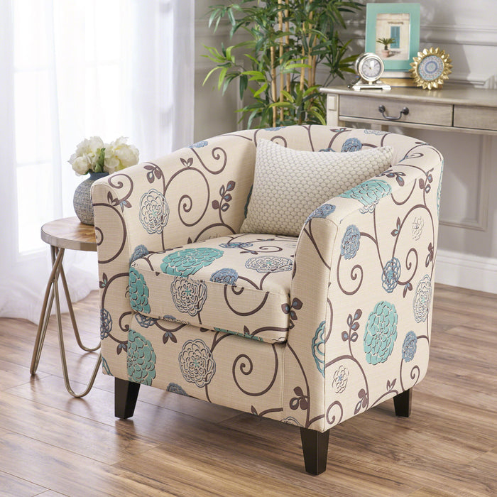 Club Chair With Floral Pattern And Solid Wood Legs - Multi Color