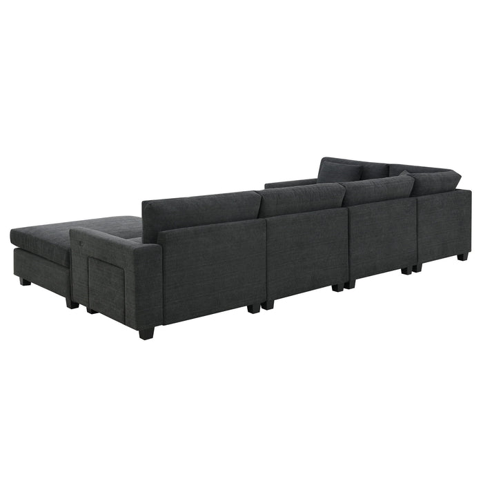 U Shaped Sectional Sofa 6 Seat Couch Set With Oversized Ottoman, Hidden Armrest Storage And Cup Holders USB Charging Ports Wide Seat Sofa