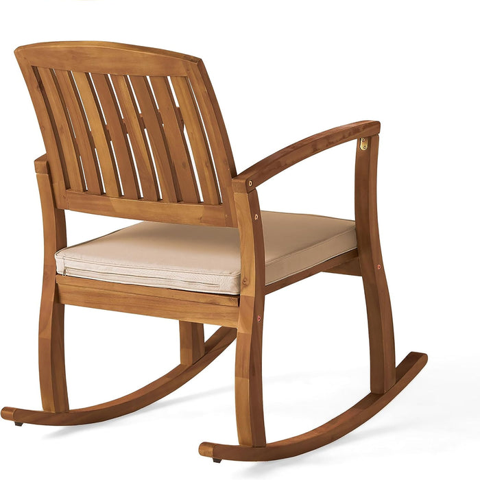 Acacia Wood Outdoor Patio Rocking Chair With Cushion (Set of 2) - Natural / Cream