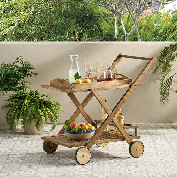 Riviera Bar Cart Stained Mobile With Wheels For Entertaining - Natural Stained