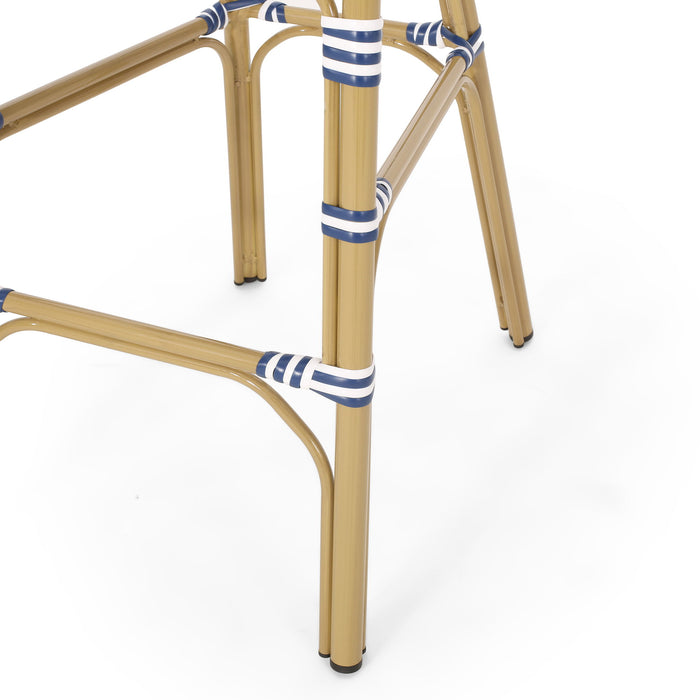 Outdoor Rattan French Barstool Set,, Bamboo, Seat Height - Navy Blue / White