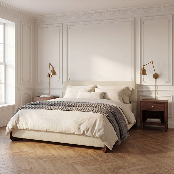 King Upholstered Bed With Slats Support - Beige