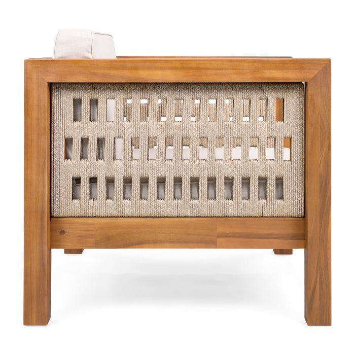 Outdoor Club Chair & Rope Arm And Cushions - Beige / Teak