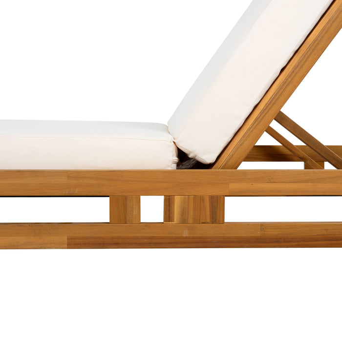 Premium Acacia Wood Lounge Chaise Set With Water Resistant Cushions, Adjustable Recline - Cream / Teak