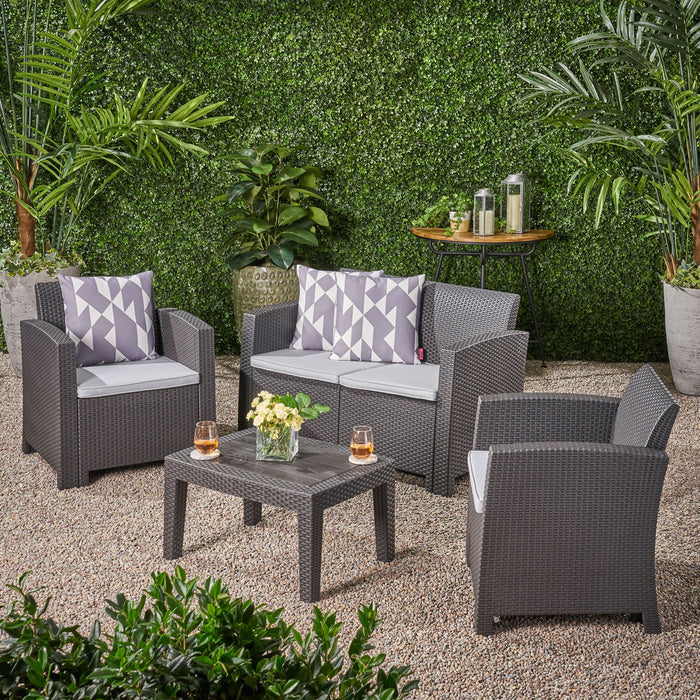 Zephyra - Outdoor 4 Piece Faux Wicker Rattan Chat Set With Water Resistant Cushions - Gray