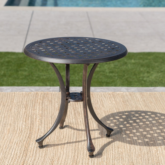 Lunaire - Outdoor Round Cast Aluminum Side Table With Lattice Top And Curved Legs - Bronze