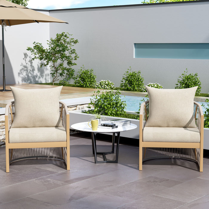 Modern Curved Aluminum Lounge Chair With Stylish Rope Weave Design And Cushioned Comfort For Outdoor