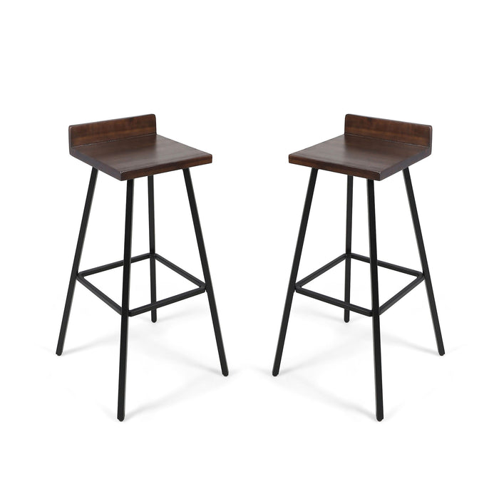 Outdoor Bar Stool With Low Backrests And Wood Seats (Set of 2) - Dark Brown / Black