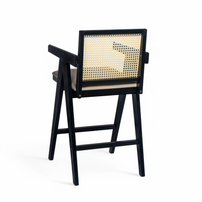 Woven Cane Plastic Backrest Bar Stool Foam Padded Fabric Seat & Durable Rubberwood Frame - Cream Gray