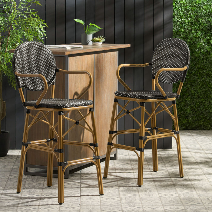 Outdoor Wicker And Aluminum French Barstools (Set of 2)