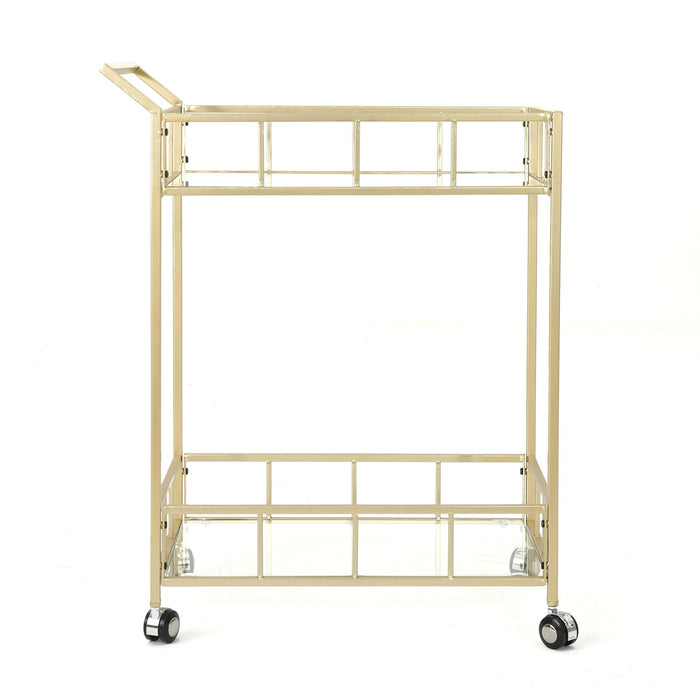 Modern Metal And Glass Bar Cart With Rolling Casters - Gold