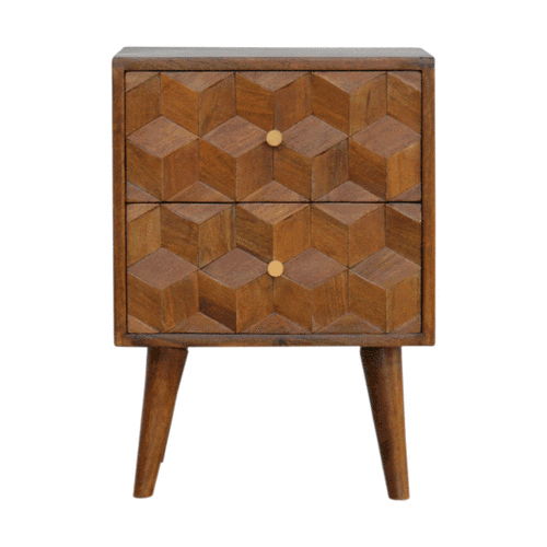 Cube Carved Bedside Table Nightstand - Chestnut