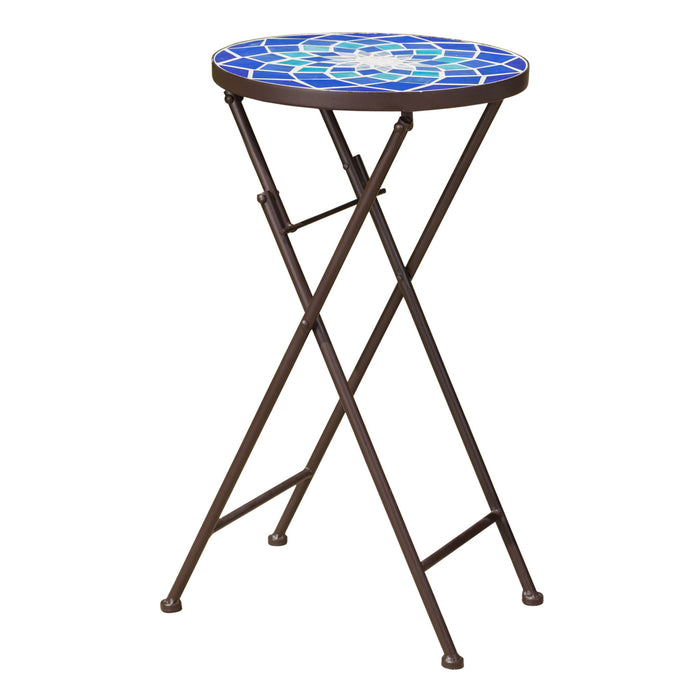 Outdoor Folding Accent Table With Glass Top And Iron Frame - White / Blue
