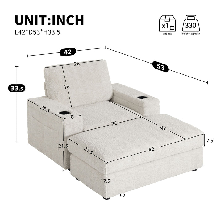 Oversized Chaise Lounge Indoor Rabbit Fur Sofa Bed With Storage Ottoman And Armrests Cup Holders With Deep Seat