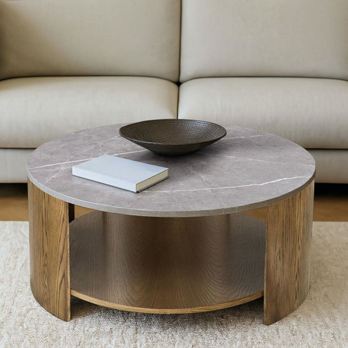 Keegan - Round Coffee Table With Shelf - Oak