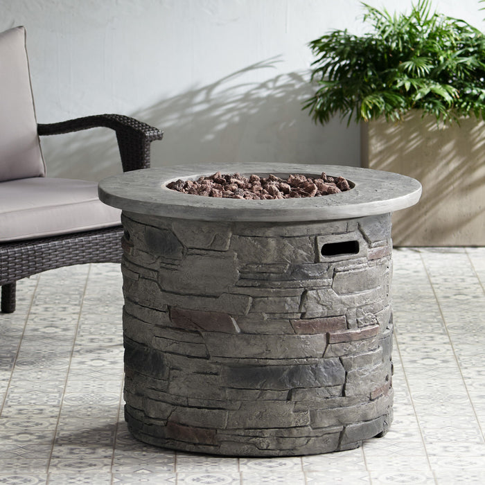 Transitional Outdoor 32" Round Propane Fire Pit Table, Lightweight Concrete Construction - Stone Gray
