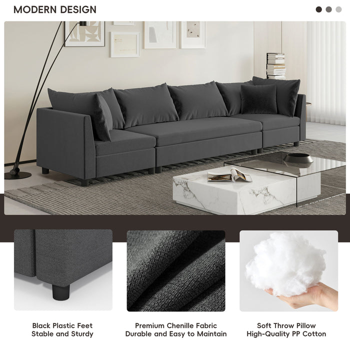 Modern Modular Sectional Oversized 4 Seat Couch Set & 4 Pillows, Minimalist Style Wide Seat Comfy Sofa - Gray