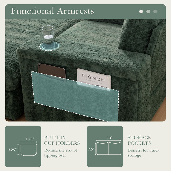 Oversized Chaise Lounge Indoor Rabbit Fur Sofa Bed With Storage Ottoman And Armrests Cup Holders With Deep Seat