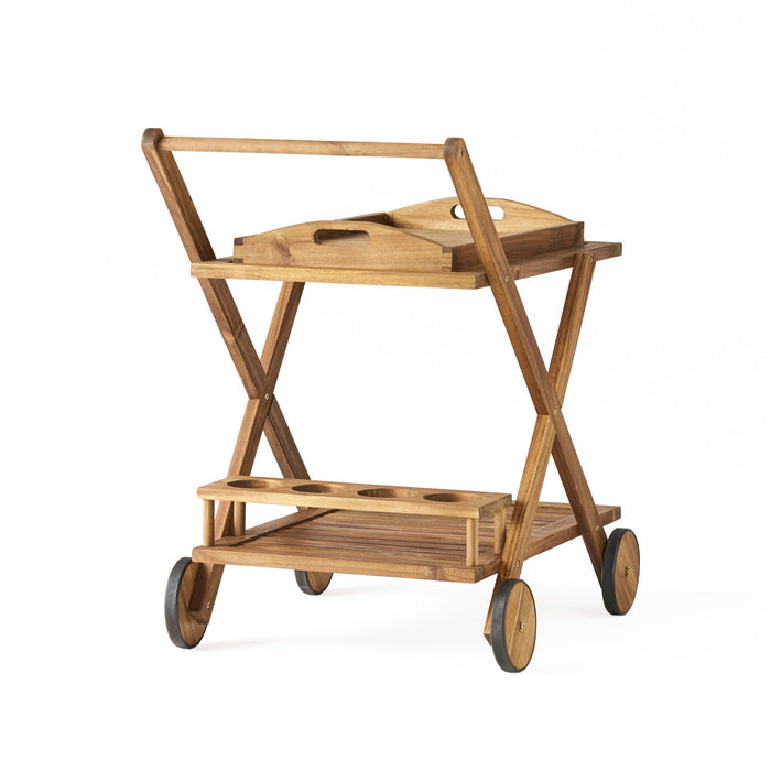 Riviera Bar Cart Stained Mobile With Wheels For Entertaining - Natural Stained