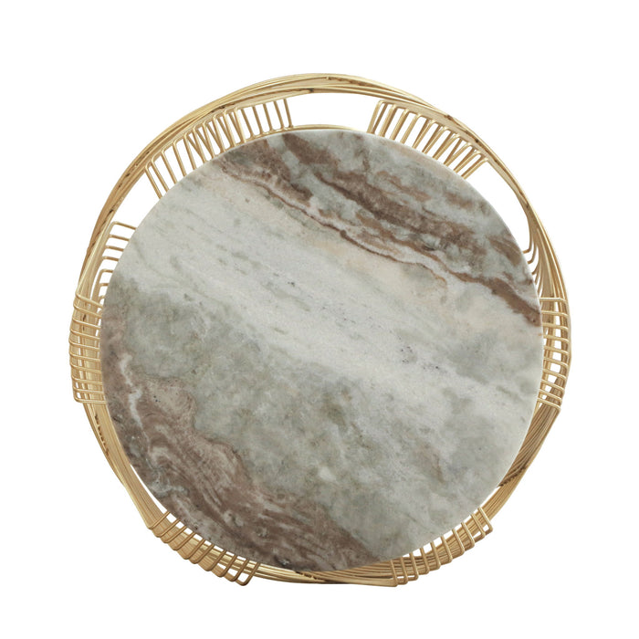 Round Table With Marble Top And Metal Base - Gold / Natural