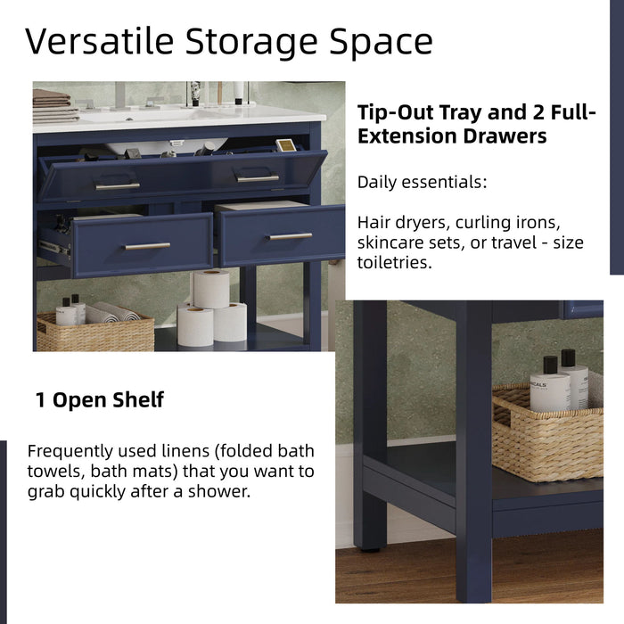 Bathroom Vanity With Ceramic Sink, Tip Out Tray & 2 Full Extension Drawers