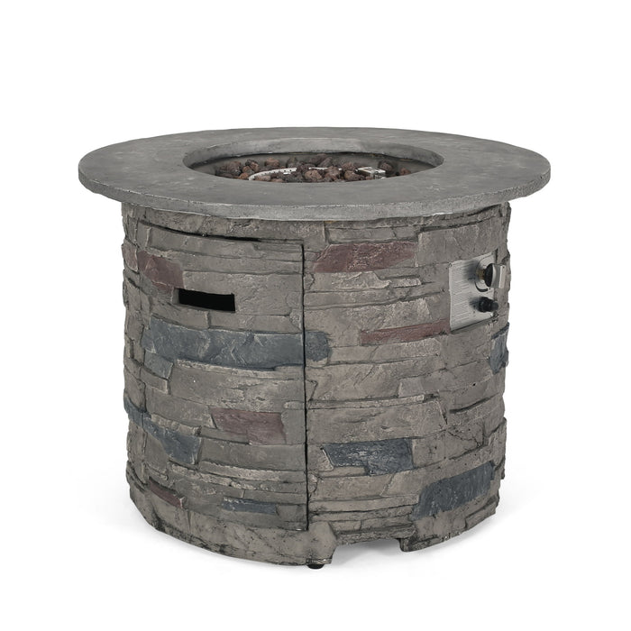Transitional Outdoor 32" Round Propane Fire Pit Table, Lightweight Concrete Construction - Stone Gray