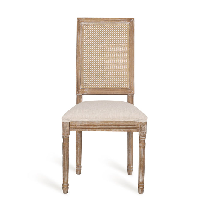 French Country Dining Chair With Rectangular Cane Backrest And Smooth Upholstered Seating