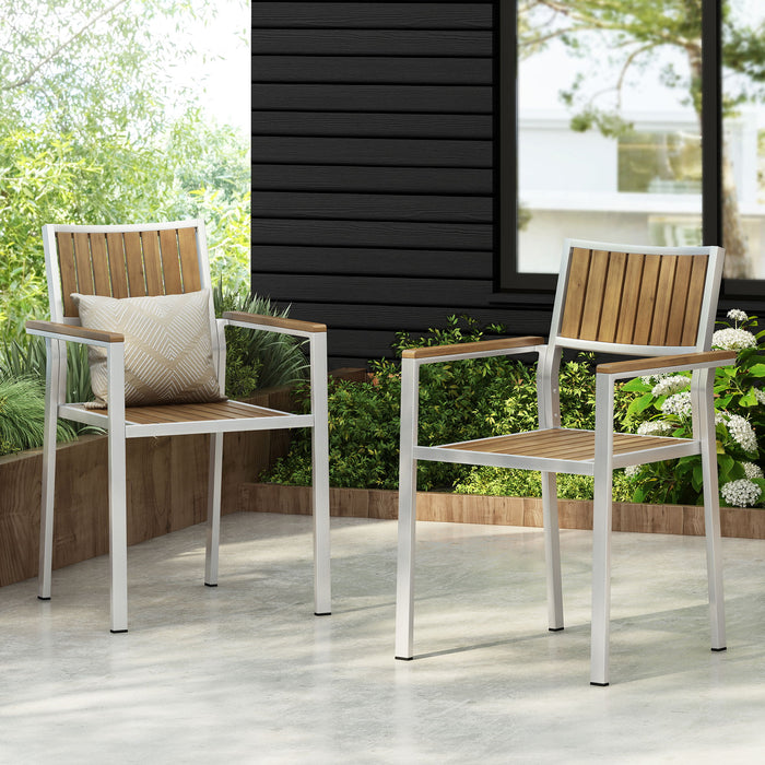 Stylish Modern Faux Wood & Aluminum Outdoor Dining Chairs, (Set of 2) - Natural